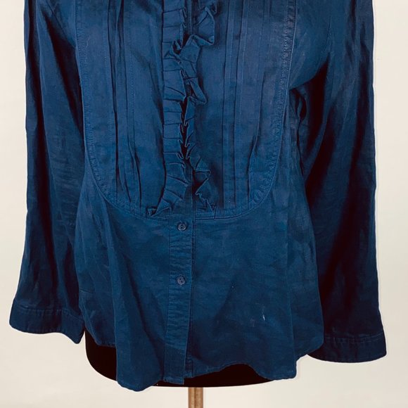 Carole Little Blue Linen Ruffle Neck Top L - Flaw - Picture 3 of 7